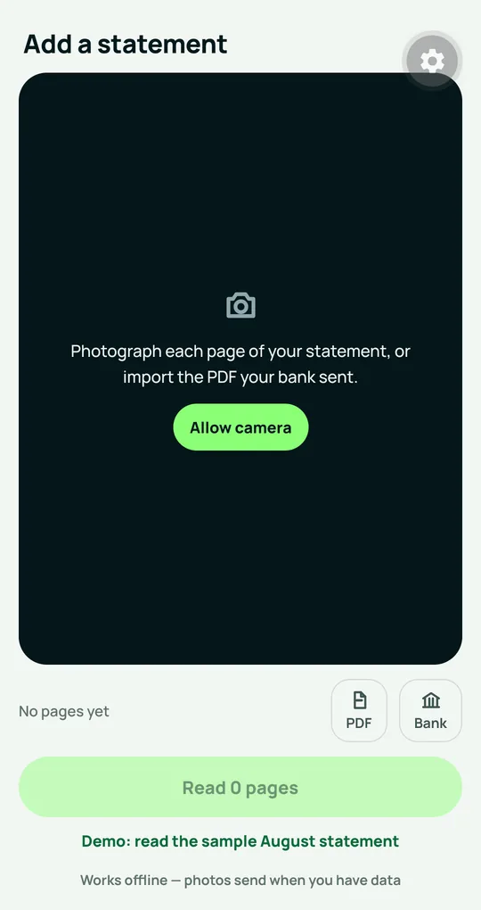 The Add a statement screen, with buttons to photograph pages or import a PDF.